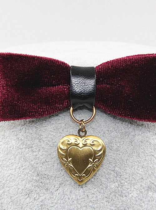 Retro Gothic Wine Red Gold-velour Bowknot Heart-shaped Pendant PU Leather Necklace