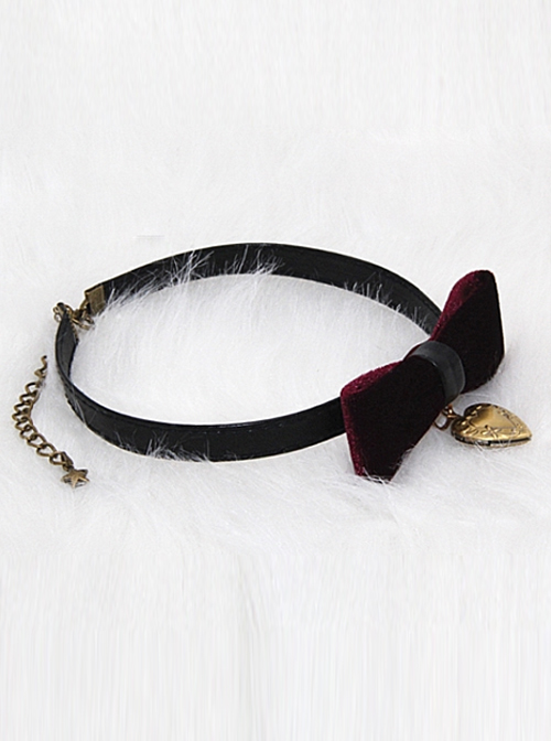 Retro Gothic Wine Red Gold-velour Bowknot Heart-shaped Pendant PU Leather Necklace