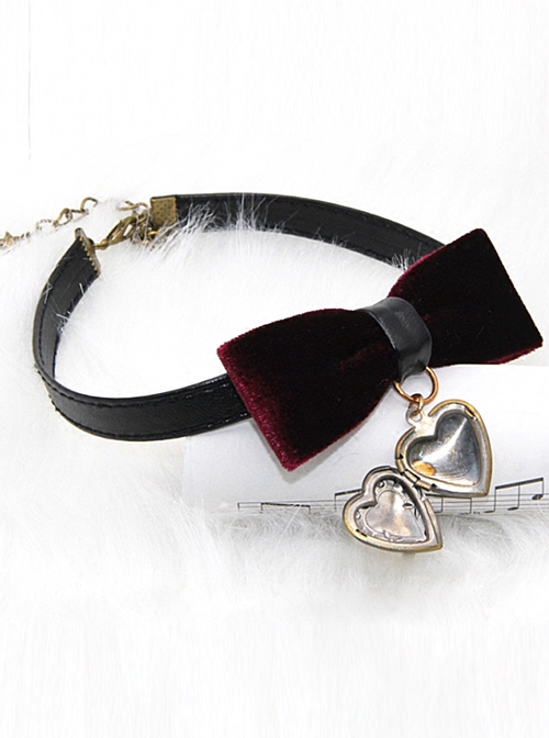 Retro Gothic Wine Red Gold-velour Bowknot Heart-shaped Pendant PU Leather Necklace