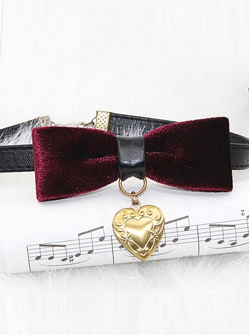 Retro Gothic Wine Red Gold-velour Bowknot Heart-shaped Pendant PU Leather Necklace