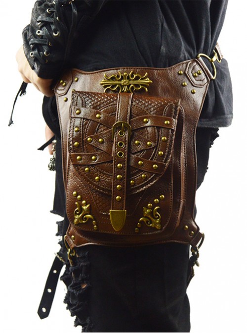 Steam Punk Rivet Dark Brown Multi-function Outdoors Men's Inclined Shoulder Bag