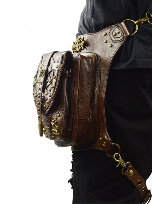 Steam Punk Rivet Dark Brown Multi-function Outdoors Men's Inclined Shoulder Bag