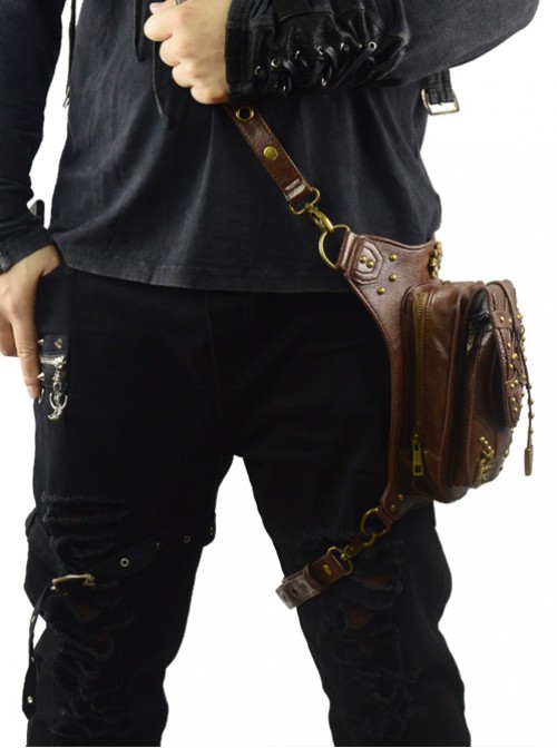 Steam Punk Rivet Dark Brown Multi-function Outdoors Men's Inclined Shoulder Bag