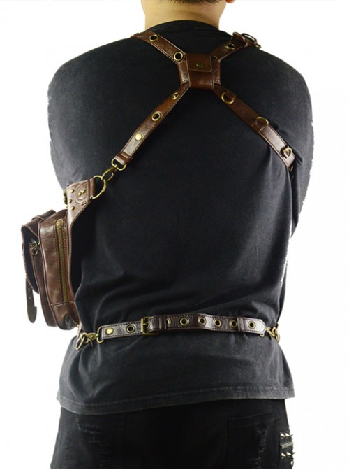 Steam Punk Rivet Dark Brown Multi-function Outdoors Men's Inclined Shoulder Bag