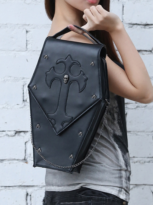 Punk Gothic Cross Skull Rivet Multi-function Black PU Bag