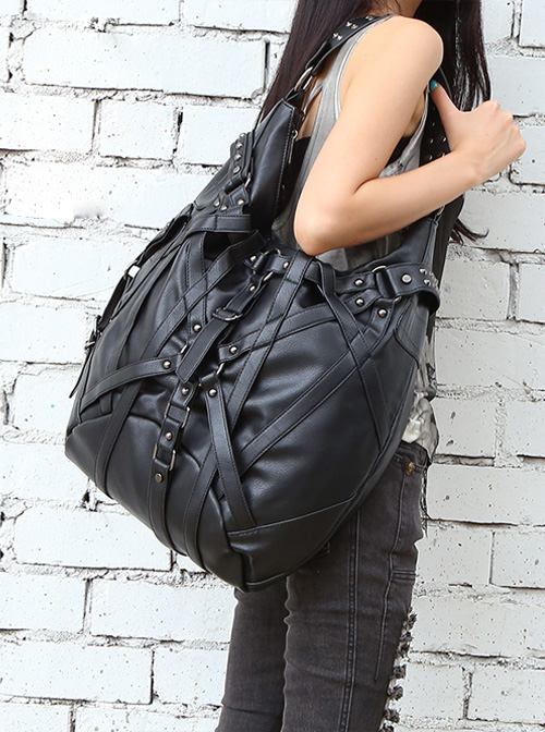 Steam Punk Rock Style Rivet Black Big Single Shoulder Bag