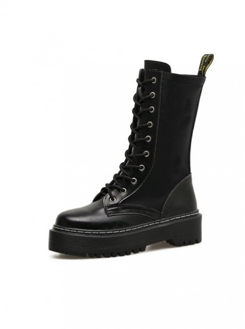 Punk Black High-top Thick Sole Round-toe Zipper Women's Middle Barrel Boots