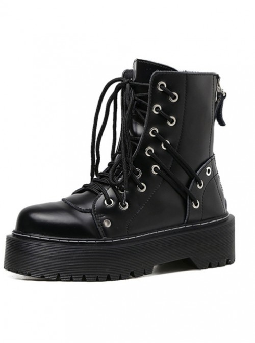 Punk Gothic Black Zipper Thick Sole Womens Leather Round-toe Martin Boots