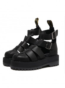 Harajuku Pure Black Thick Soles Leather Roman Sandals