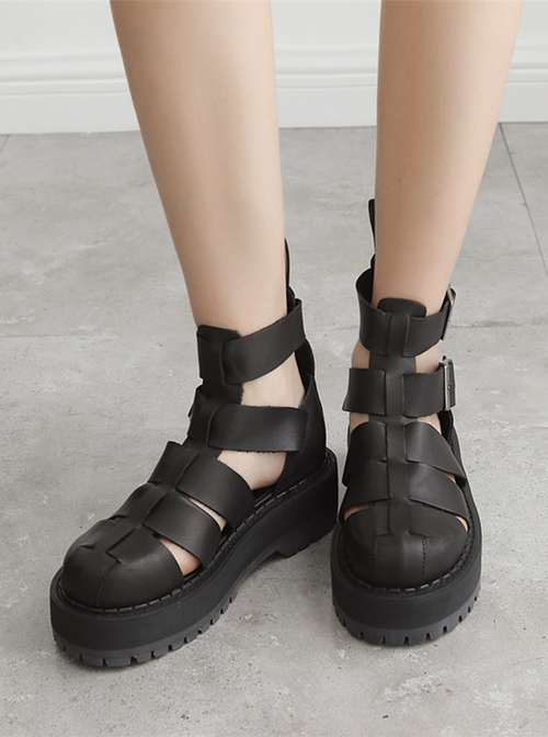 Harajuku Pure Black Thick Soles Leather Roman Sandals