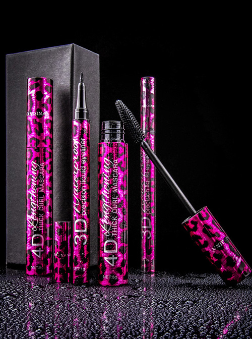 YANQINA Pink Leopard Print Tube Black Lasting Eyeliner Mascara Set