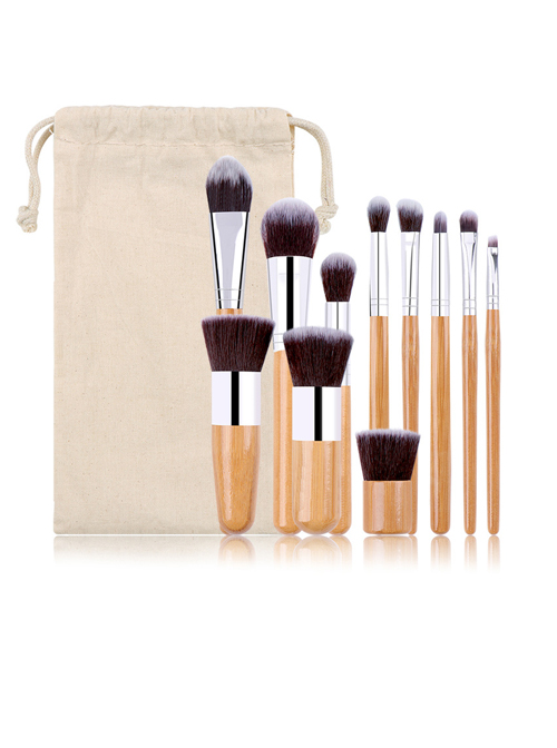 11 Bamboo Handle Makeup Brushes Linen Bag Set