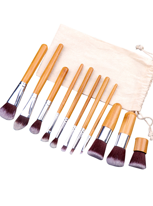 11 Bamboo Handle Makeup Brushes Linen Bag Set
