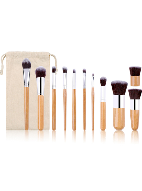 11 Bamboo Handle Makeup Brushes Linen Bag Set