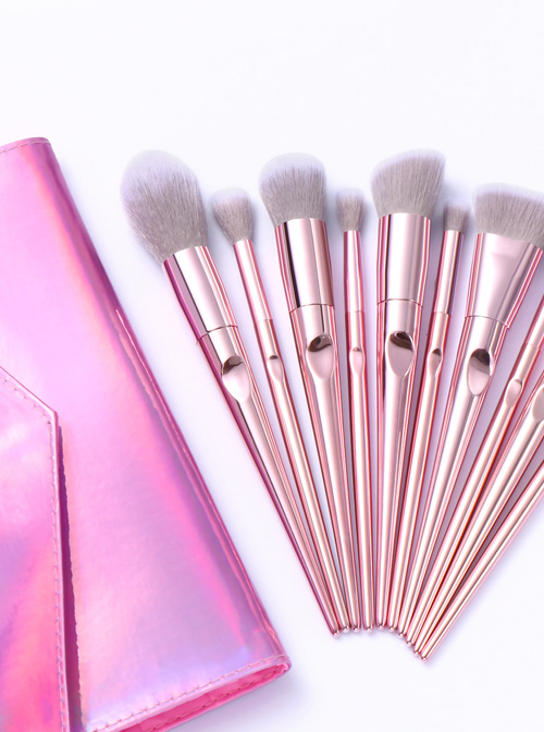 10 Pink Electroplating Handle Makeup Brushes And The Brush Bag Set