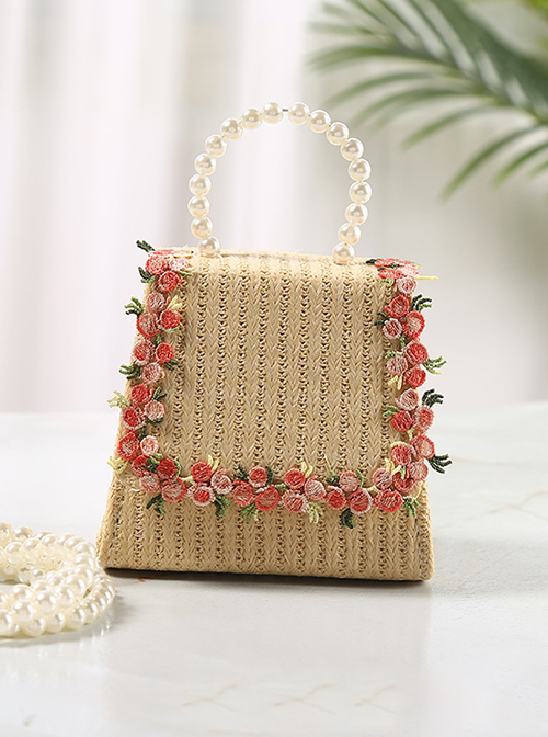 Straw Weaving Bag Pearl Portable Messenger Cute Children Shoulder Bag