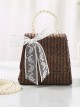 Simplicity White Lace Bowknot Pearl Portable Messenger Children Straw Weaving Bag