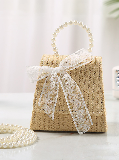 Simplicity White Lace Bowknot Pearl Portable Messenger Children Straw Weaving Bag