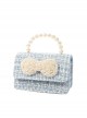 Pearl Big Bowknot Plaid Weave Portable Messenger Children Chain Bag