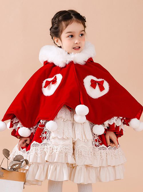 Baby Children Lolita Warm Hooded White Plush Collar Red Cloak