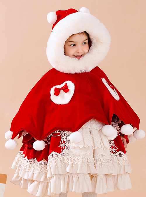 Baby Children Lolita Warm Hooded White Plush Collar Red Cloak