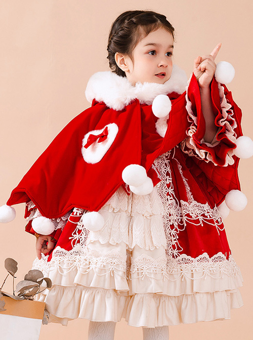 Baby Children Lolita Warm Hooded White Plush Collar Red Cloak