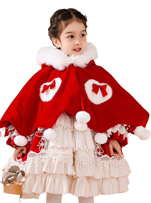 Baby Children Lolita Warm Hooded White Plush Collar Red Cloak