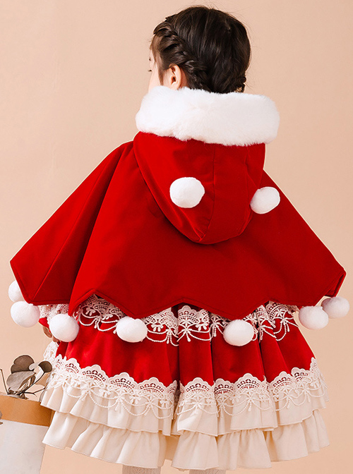 Baby Children Lolita Warm Hooded White Plush Collar Red Cloak