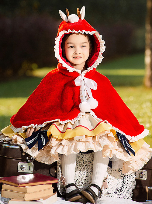 Baby Children Lolita Little Antlers Hooded Ruffle Red Warm Cloak