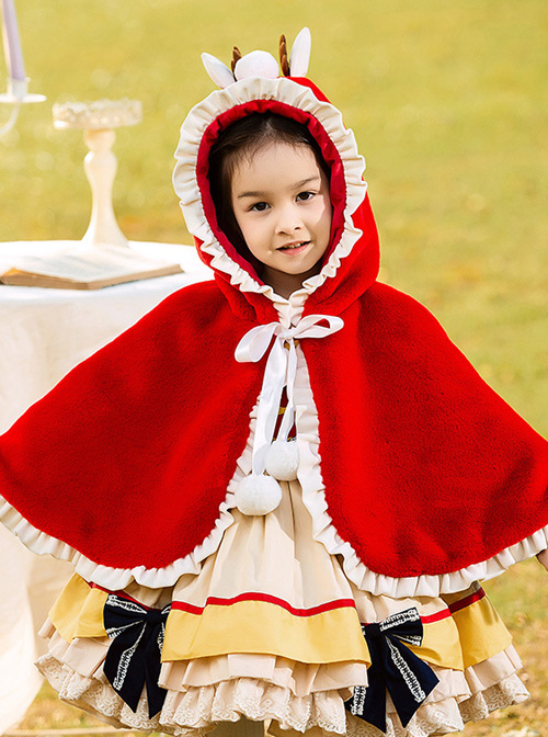 Baby Children Lolita Little Antlers Hooded Ruffle Red Warm Cloak