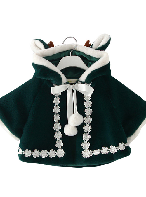 Baby Children Lolita Cute Warm Green Velour Hooded Cloak