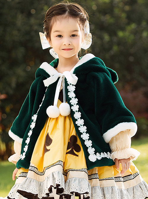 Baby Children Lolita Cute Warm Green Velour Hooded Cloak