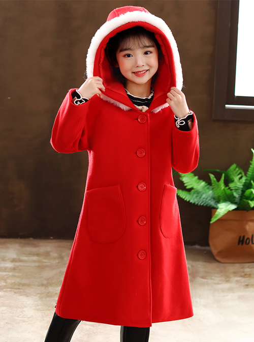 Children Autumn Winter Thickening Red Hooded Mid-length Coat