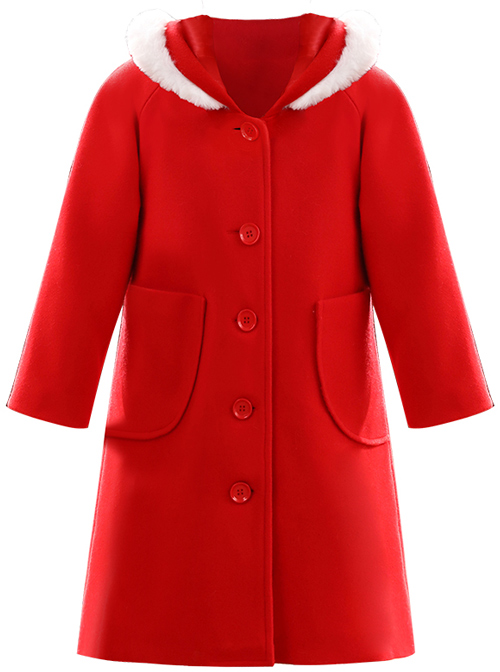 Children Autumn Winter Thickening Red Hooded Mid-length Coat