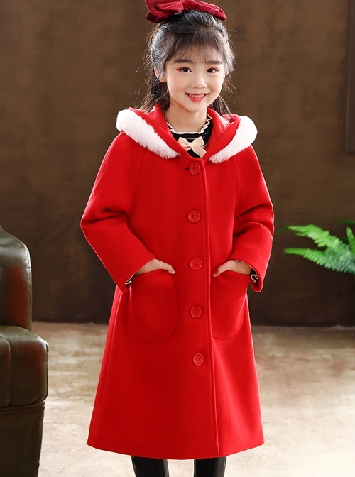 Children Autumn Winter Thickening Red Hooded Mid-length Coat