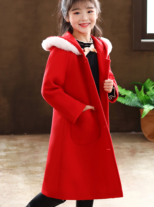 Children Autumn Winter Thickening Red Hooded Mid-length Coat