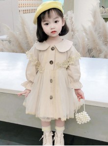 Cute Khaki Doll Collar Flower Lace Children Tulle Windbreaker