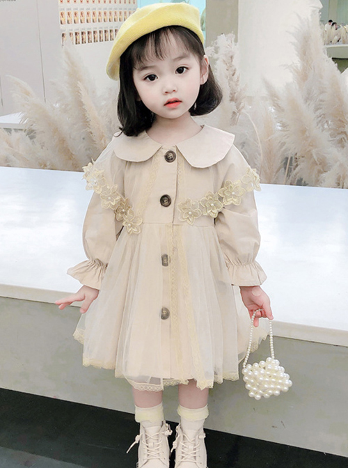 Cute Khaki Doll Collar Flower Lace Children Tulle Windbreaker