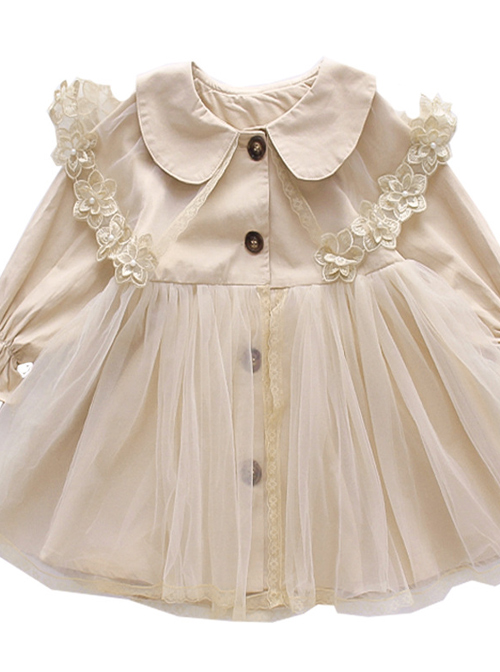 Cute Khaki Doll Collar Flower Lace Children Tulle Windbreaker