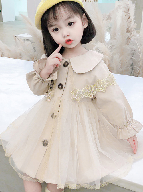 Cute Khaki Doll Collar Flower Lace Children Tulle Windbreaker