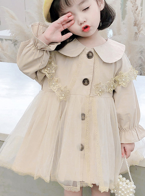 Cute Khaki Doll Collar Flower Lace Children Tulle Windbreaker