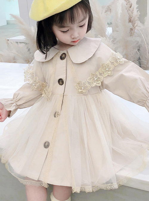 Cute Khaki Doll Collar Flower Lace Children Tulle Windbreaker