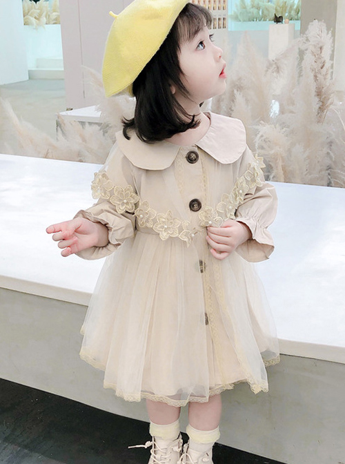 Cute Khaki Doll Collar Flower Lace Children Tulle Windbreaker