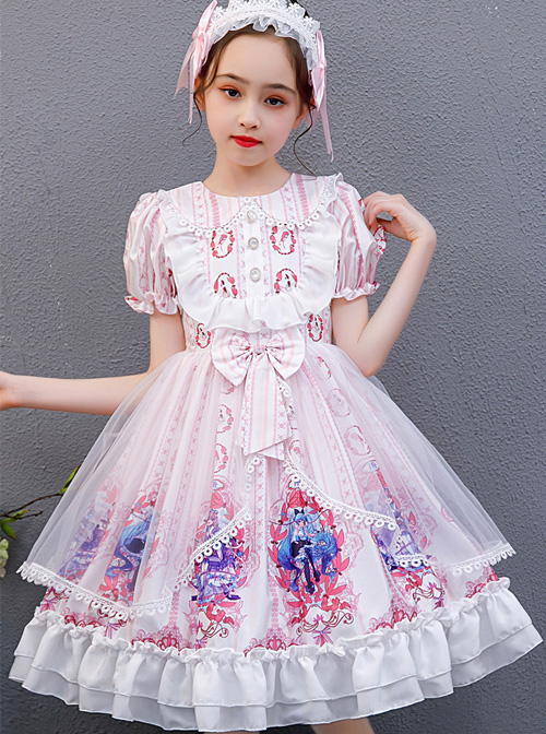 Pink Cute Printing Doll Collar Children Sweet Lolita Short Sleeve Dress