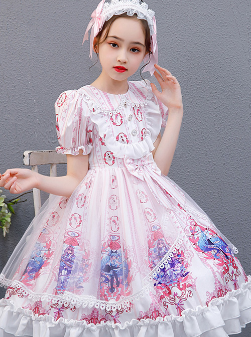 Pink Cute Printing Doll Collar Children Sweet Lolita Short Sleeve Dress