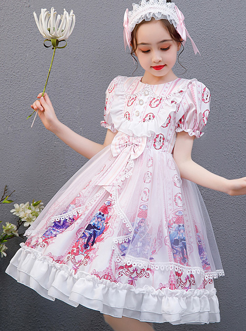 Pink Cute Printing Doll Collar Children Sweet Lolita Short Sleeve Dress