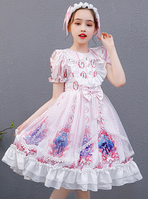 Pink Cute Printing Doll Collar Children Sweet Lolita Short Sleeve Dress