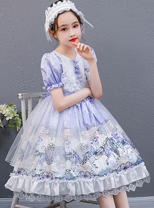 Purple Merry-go-round Printing Ruffle Children Sweet Lolita Short Sleeve Dress