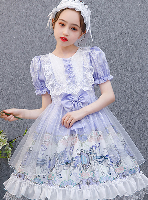 Purple Merry-go-round Printing Ruffle Children Sweet Lolita Short Sleeve Dress