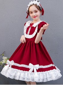 White Lace Doll Collar Wine Red Pure Color Children Lolita Short Sleeve Dress